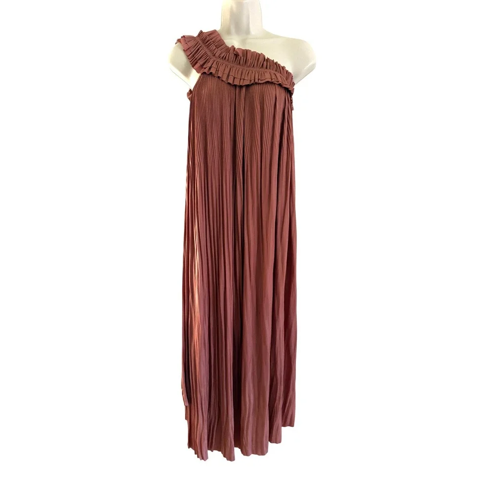 Ulla Johnson Womens One Shoulder Plisse Pleated Ruffle Midi Dress Rose Pink Sz 4